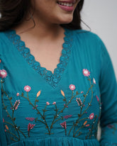 Teal Blue Floral Embroidered Anarkali Suit Set with Dupatta